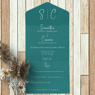 Invitation Tout En Un Turquoise moderne Monogramme minimal Pas de dîner