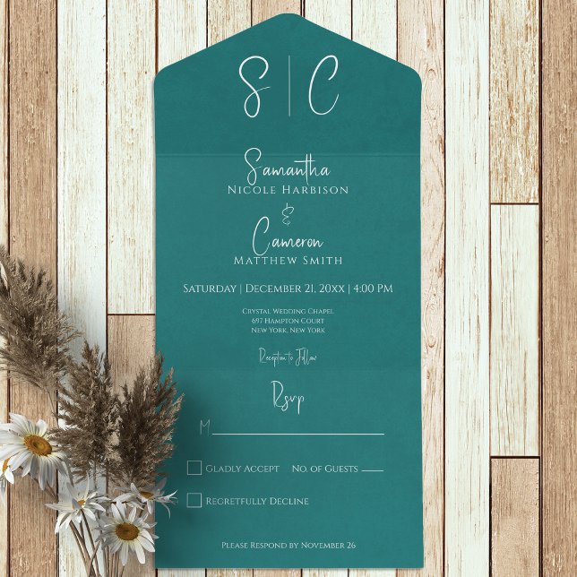 Invitation Tout En Un Turquoise moderne Monogramme minimal Pas de dîner (Créateur téléchargé)