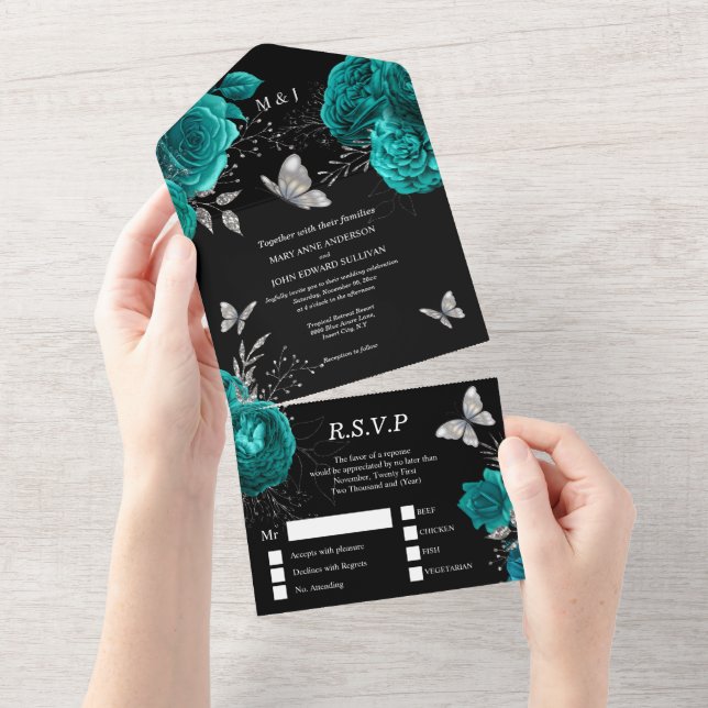 Invitation Tout En Un Turquoise noir argent rose élégant papillon glam (Déchirure)