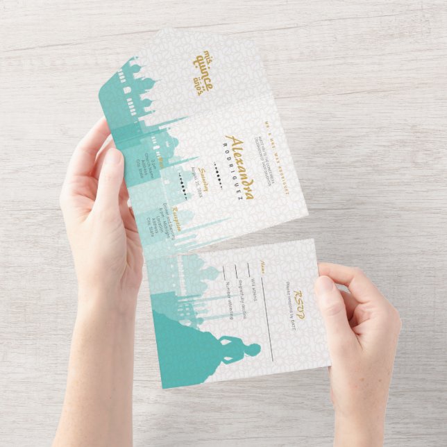 Invitation Tout En Un Turquoise & Or Arabian Quinceañera Photo (Déchirure)