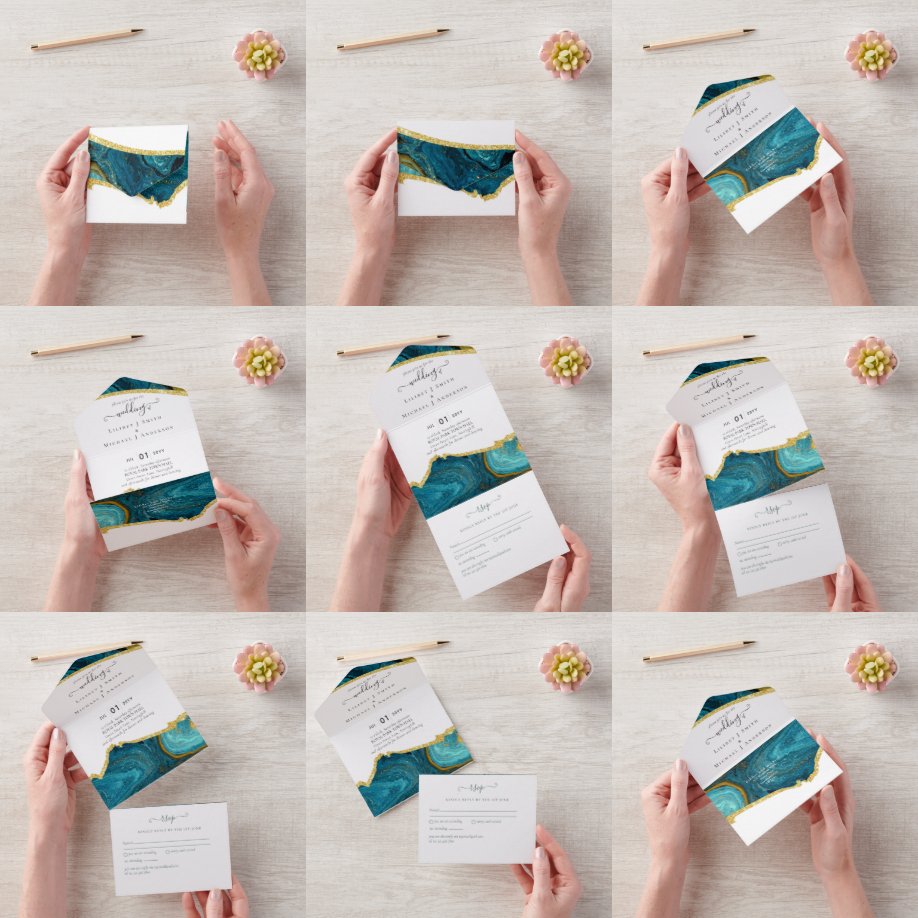 Invitation Tout En Un Turquoise Peacock Blue Gold Agate Mariage