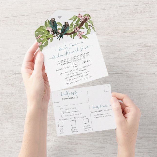 Invitation Tout En Un Turquoise Pink Lovebird Secret Forest Garden (Déchirure)