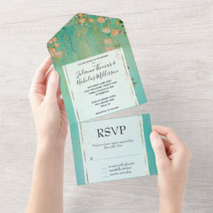 Invitation Tout En Un Turquoise romantique vert bleu rose Mariage floral