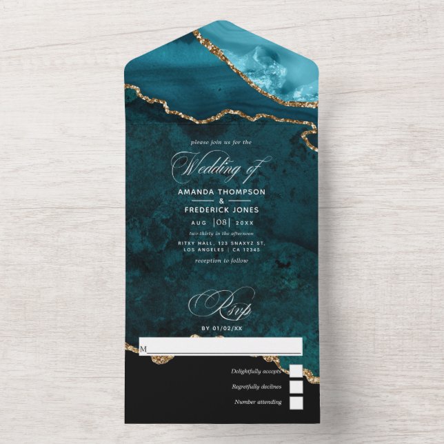 Invitation Tout En Un Turquoise - Turquoise et Gold Agate Mariage All In (À l'intérieur)