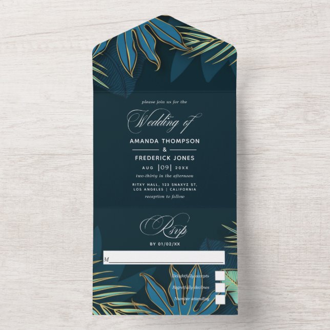 Invitation Tout En Un Turquoise - Turquoise et Gold Tropical Feuilles to (À l'intérieur)