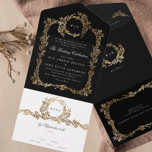 Invitation Tout En Un Tuxedo Black Gold Botanical Wreath Classic Mariage