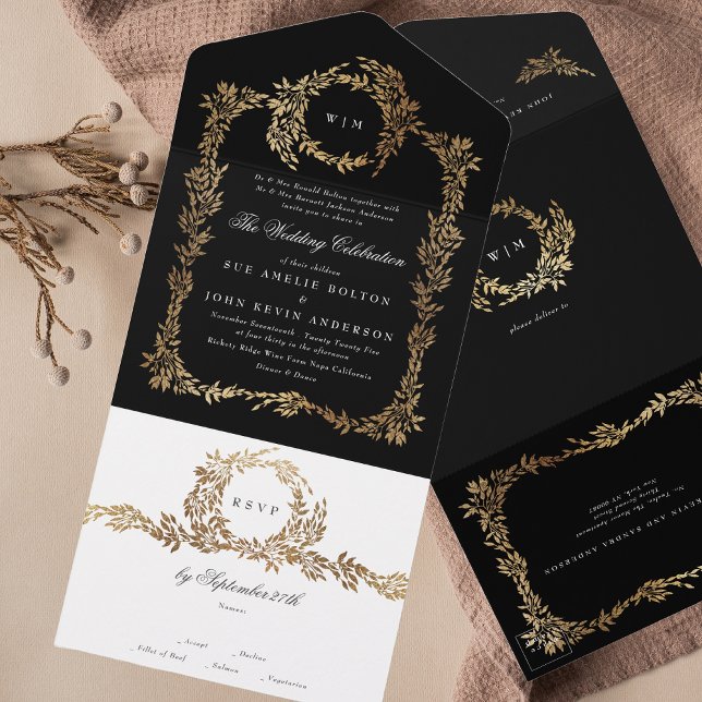 Invitation Tout En Un Tuxedo Black Gold Botanical Wreath Classic Mariage (Créateur téléchargé)