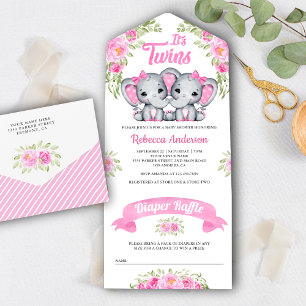 Invitation Tout En Un Twin Girls Rose Floral Elephant Baby shower