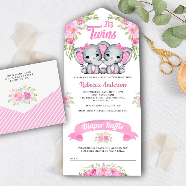 Invitation Tout En Un Twin Girls Rose Floral Elephant Baby shower (Créateur téléchargé)