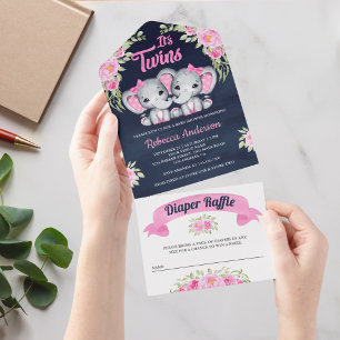Invitation Tout En Un Twin Girls Rose Floral Elephant Baby shower Marine