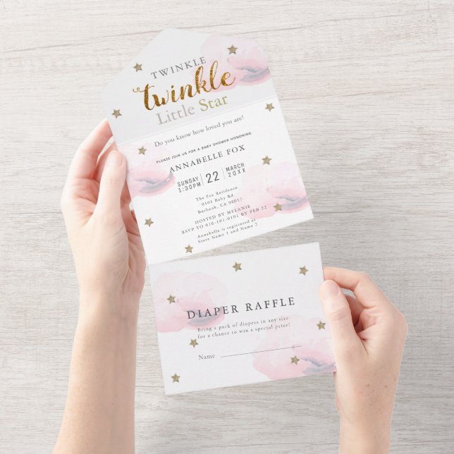 Invitation Tout En Un Twinkle Little Star Baby shower couche rose (Déchirure)