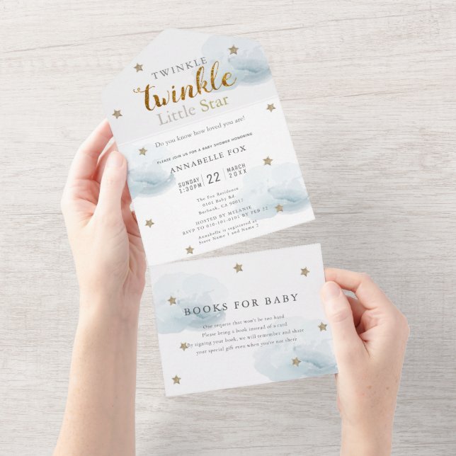 Invitation Tout En Un Twinkle Little Star Blue Book Baby shower (Déchirure)