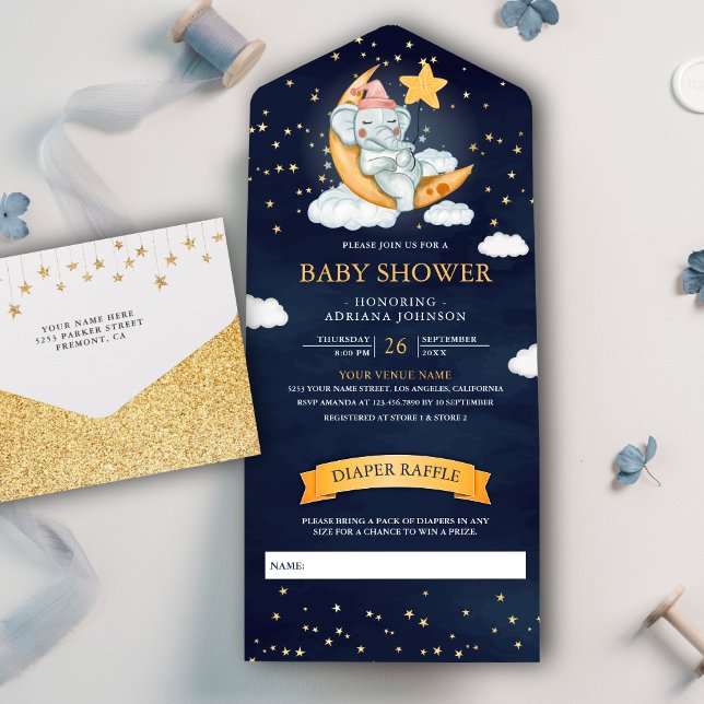 Invitation Tout En Un Twinkle Stars Moon Elephant Marine Baby shower ble (Créateur téléchargé)