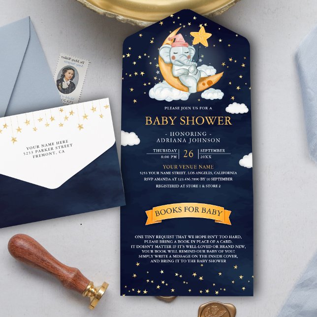 Invitation Tout En Un Twinkle Stars Moon Navy Blue Elephant Baby shower (Créateur téléchargé)
