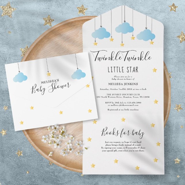 Invitation Tout En Un Twinkle Twinkle Blue Clouds Gold Stars Baby shower (Twinkle Twinkle Blue Clouds Gold Stars Baby Shower All In One Invitation)