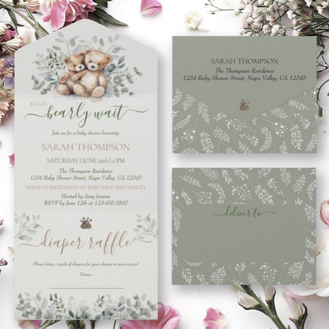 Invitation Tout En Un Twins Genre Neutre Teddy Ours Baby shower bébé (Créateur téléchargé)