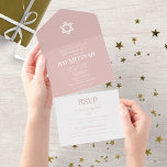 Invitation Tout En Un Typographie Blanche Moderne Sur Bat mitzvah Bleu<br><div class="desc">Une élégante invitation à la Bat mitzvah rose poussiéreuse, facile à personnaliser avec vos détails. VEUILLEZ NOTER : Cette invitation est prête à envoyer sans enveloppe; inclure l'adresse de retour à l'arrière; si vous prévoyez de l'envoyer à l'aide d'une enveloppe, veuillez laisser en blanc les coordonnées de l'adresse de retour...</div>
