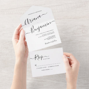 Invitation Tout En Un Typographie de script simple Mariage noir et blanc