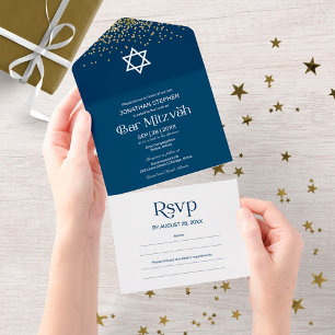 Invitation Tout En Un Typographie Moderne Bar Mitzvah Confettis Bleu Fon