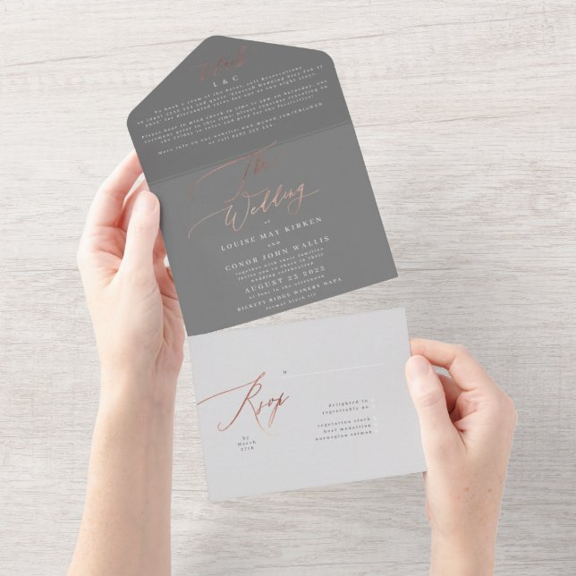Invitation Tout En Un Ultimate Elegant Grey Simple Rose Mariage or (Déchirure)