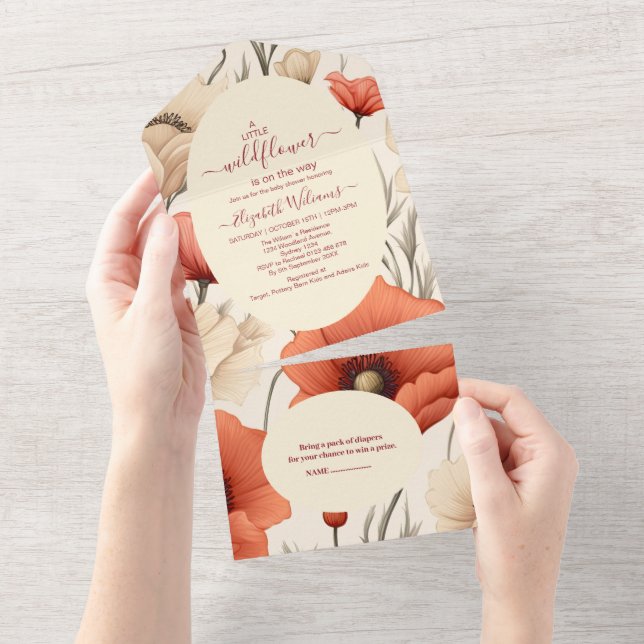 Invitation Tout En Un Un petit Baby shower de fille Fleur sauvage (Déchirure)