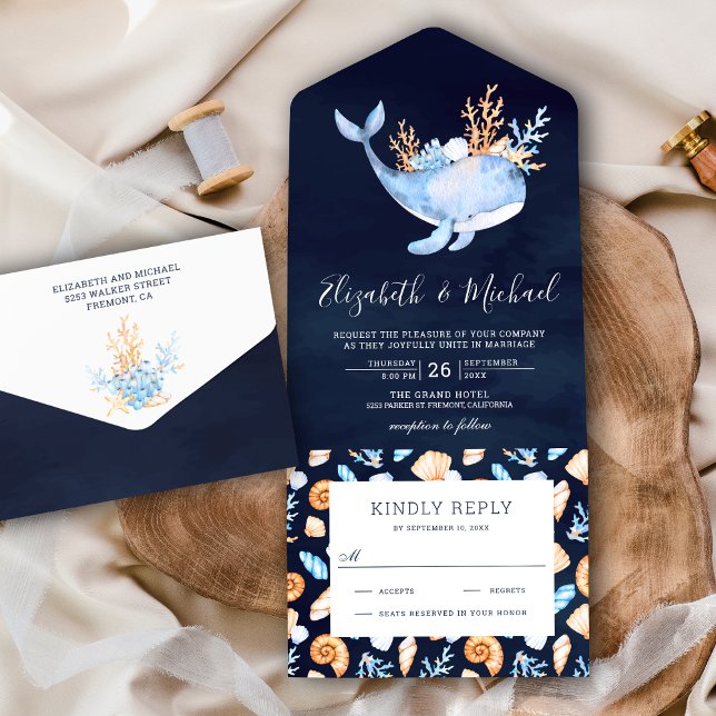 Invitation Tout En Un Under the Sea Whale Navy Blue Nautical Wedding (Créateur téléchargé)