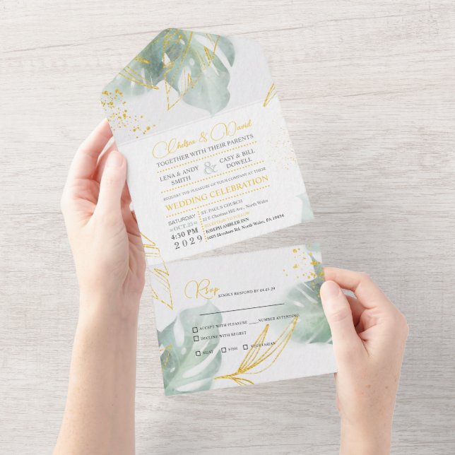 Invitation Tout En Un Unique Sage Green et Gold Tropical Feuille Mariage (Déchirure)