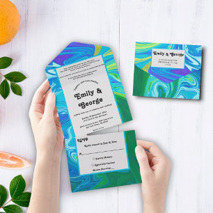Invitation Tout En Un Vagues abstraites de bleu-vert marine moderne pour