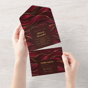 Invitation Tout En Un Vagues de marbre rouge burgundy élégantes avec acc