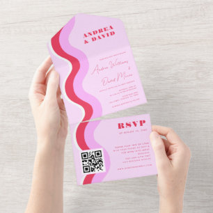 Invitation Tout En Un Vagues Rétro Audacieuses Rose et Rouge Code QR RSV