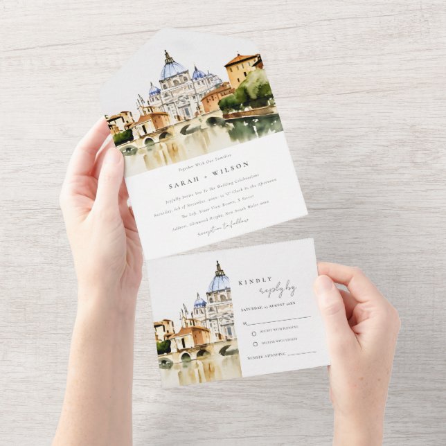 Invitation Tout En Un Vatican Rome Italie Aquarelle Paysage Mariage (Déchirure)
