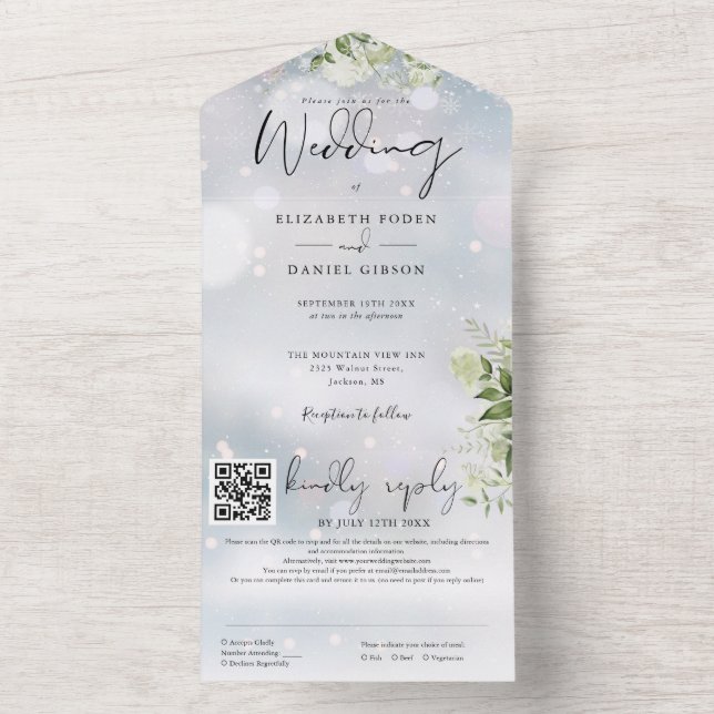Invitation Tout En Un Végétation d'hiver Floral QR Code Mariage (À l'intérieur)