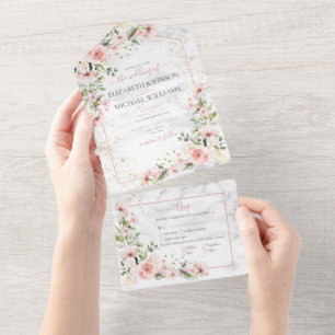 Invitation Tout En Un Végétation dorée Dusty rose Mariage floral