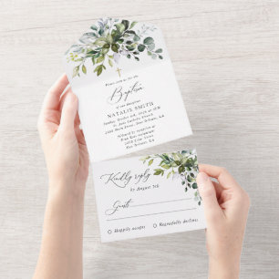 Invitation Tout En Un Végétation, feuilles d'eucalyptus, Boho, baptême