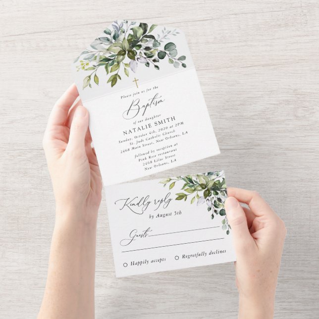 Invitation Tout En Un Végétation, feuilles d'eucalyptus, Boho, baptême (Déchirure)