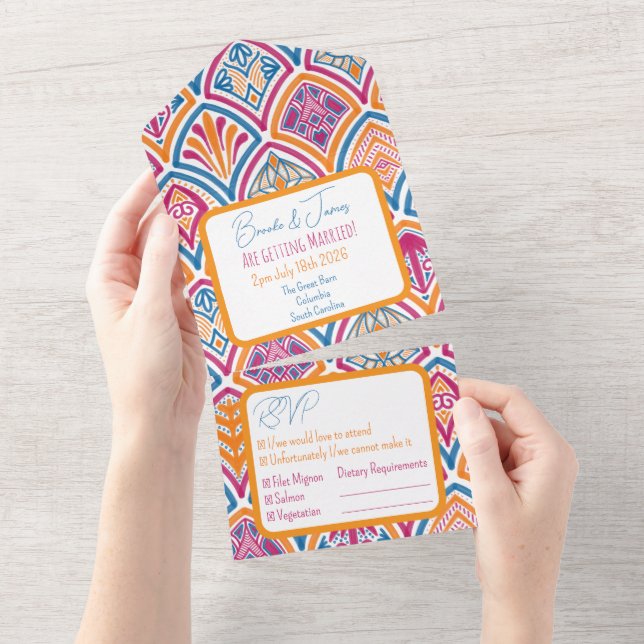 Invitation Tout En Un Ventilateur Turquoise rose orange Mariage (Déchirure)