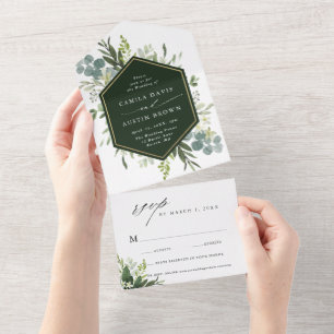 Invitation Tout En Un Verdure Aquarelle or Hexagon Mariage