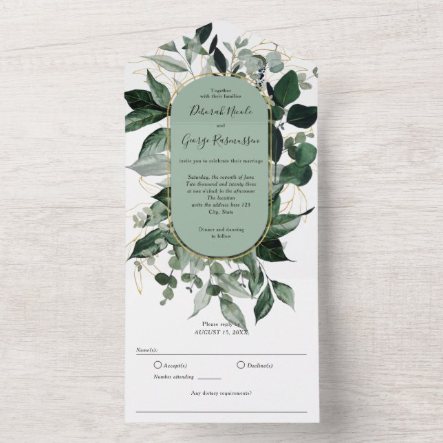 Invitation Tout En Un Verdure botanique avec Arc de Boho, Vert sauge mod (À l'intérieur)