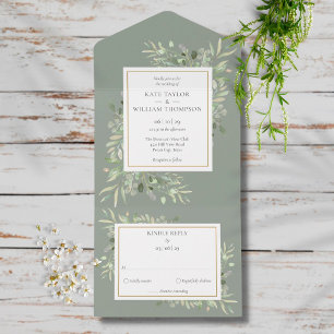 Invitation Tout En Un Verdure botanique Monogramme Sage Mariage vert