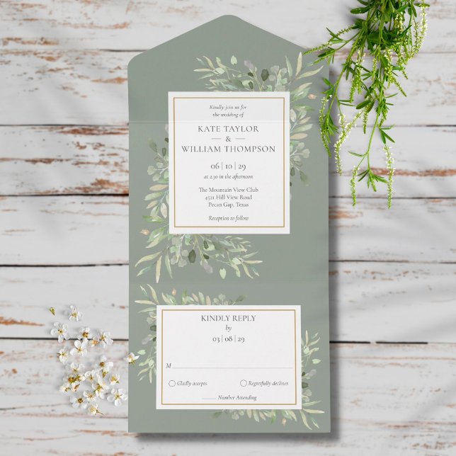 Invitation Tout En Un Verdure botanique Monogramme Sage Mariage vert (Créateur téléchargé)