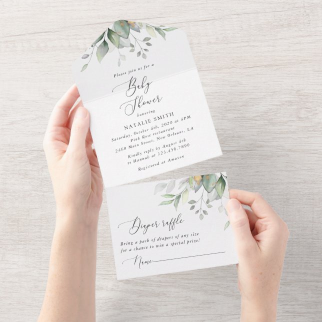Invitation Tout En Un Verdure, Eucalyptus Feuilles, Boho, Baby shower (Déchirure)