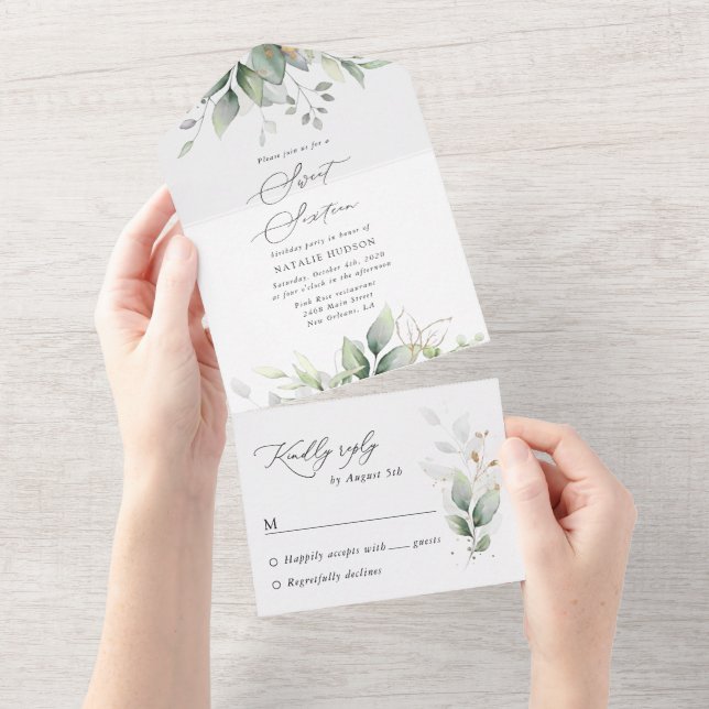 Invitation Tout En Un Verdure, Eucalyptus Feuilles, Boho, Sweet 16 (Déchirure)