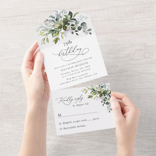 Invitation Tout En Un Verdure, feuilles d'eucalyptus, Boho, Anniversaire (Déchirure)