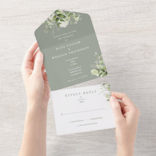 Invitation Tout En Un Verdure Floral Monogramme Sage Vert Mariage