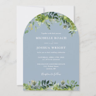 Invitation Tout en un verdure florale arche dusty blue mariag