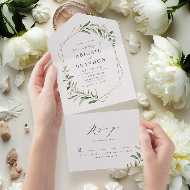 Invitation Tout En Un Verdure moderne or géométrique Mariage rustique gé (Modern Greenery Gold Geometric Rustic Wedding All In One Invitation)