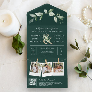 Invitation Tout En Un Verdure Or Ampersand Code QR Émeraude Mariage