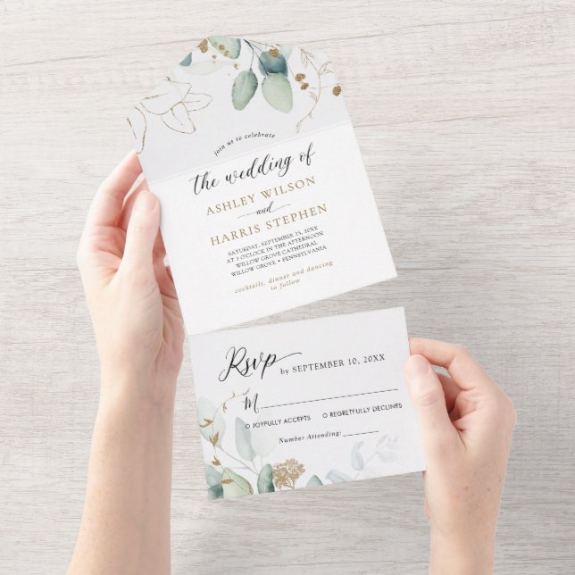 Invitation Tout En Un Verdure or Eucalyptus Rustique Mariage (Déchirure)