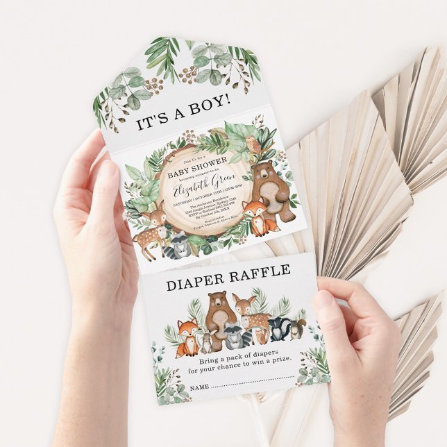 Invitation Tout En Un Verdure rustique Bois Animaux Baby shower garçon (Créateur téléchargé)