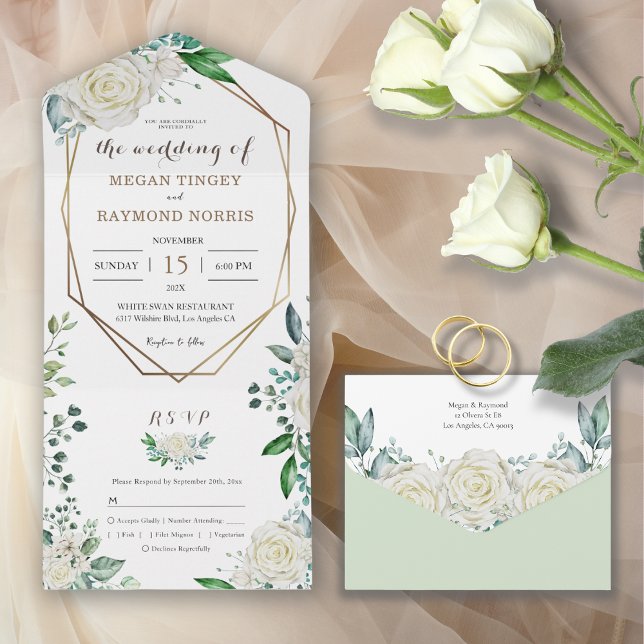 Invitation Tout En Un Verdure Sage Vert & Blanc Roses Gold Frame (Créateur téléchargé)